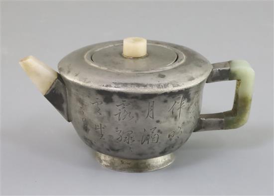 A Chinese pewter mounted Yixing teapot, Daoguang mark and of the period (1821-50), 14.2cm across